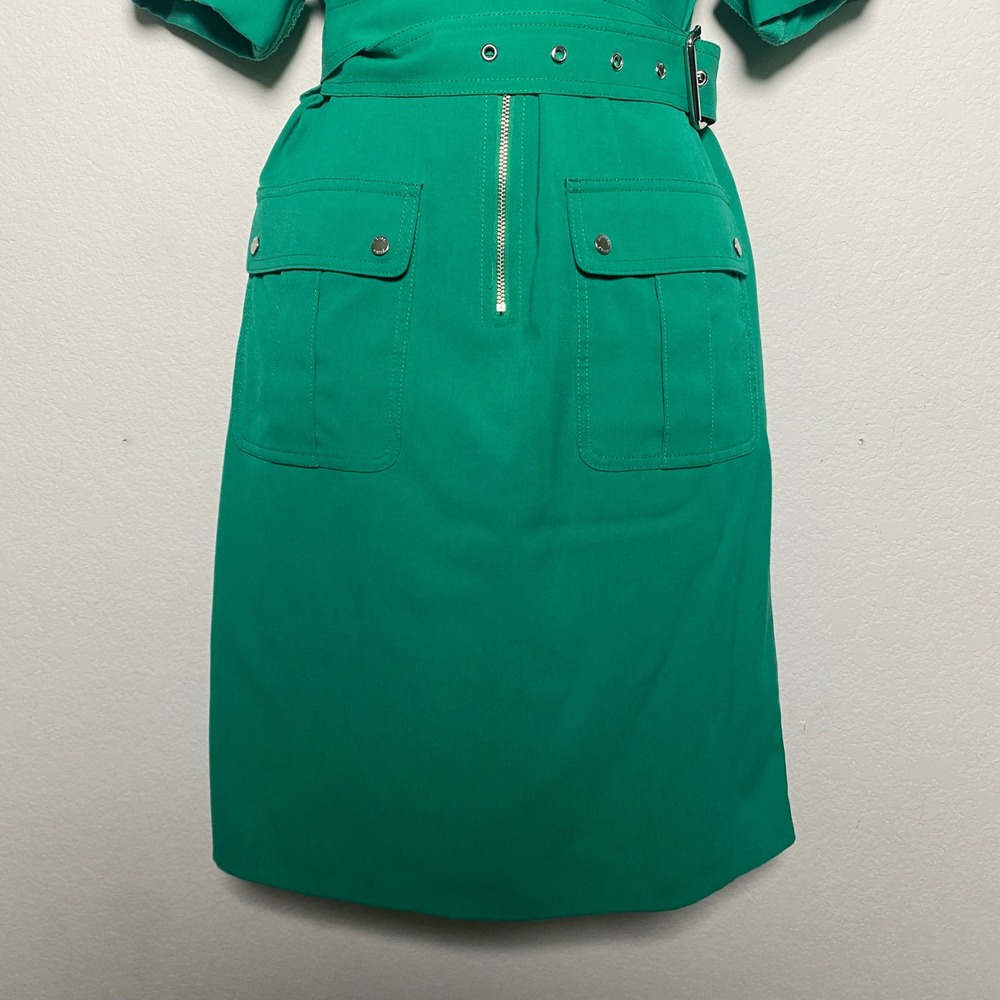Michael Kors Kelly Green Knee Length Front Zip Dress Cuffed Sleeve Preppy Polish - Picture 7 of 10